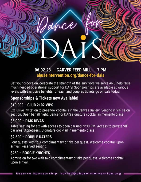 Page 2 of the Dance for DAIS event poster. Event starts at 7pm on 06-02-23 at Garver Feed Mill. It will feature live music from VO5, cocktails, appetizers, and sweet treats. Visit abuseintervention.org/dance-for-dais for more information.