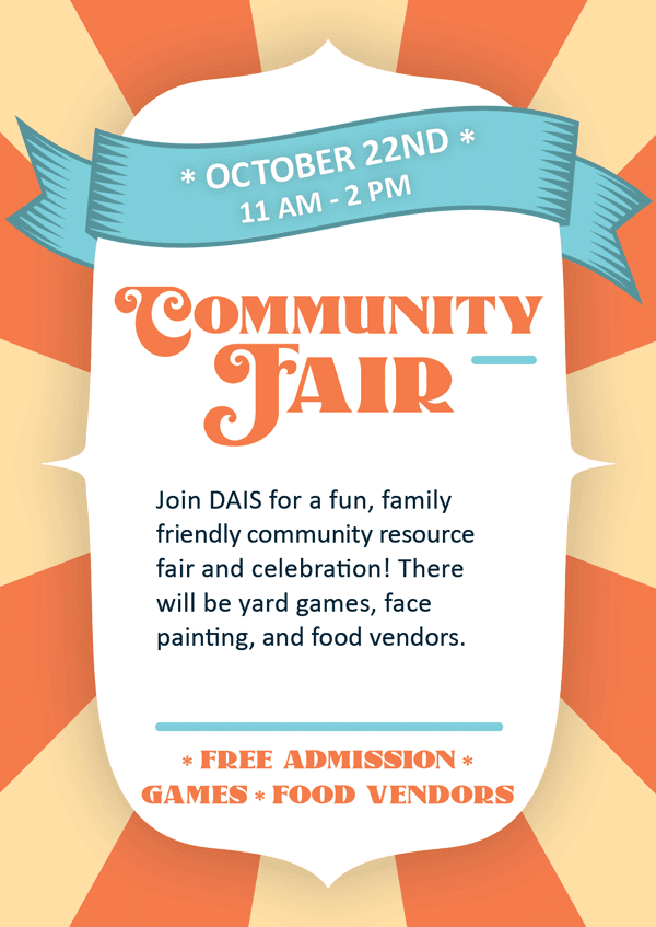 A carnival style poster in yellow, blue, and orange titled "Community Fair."
